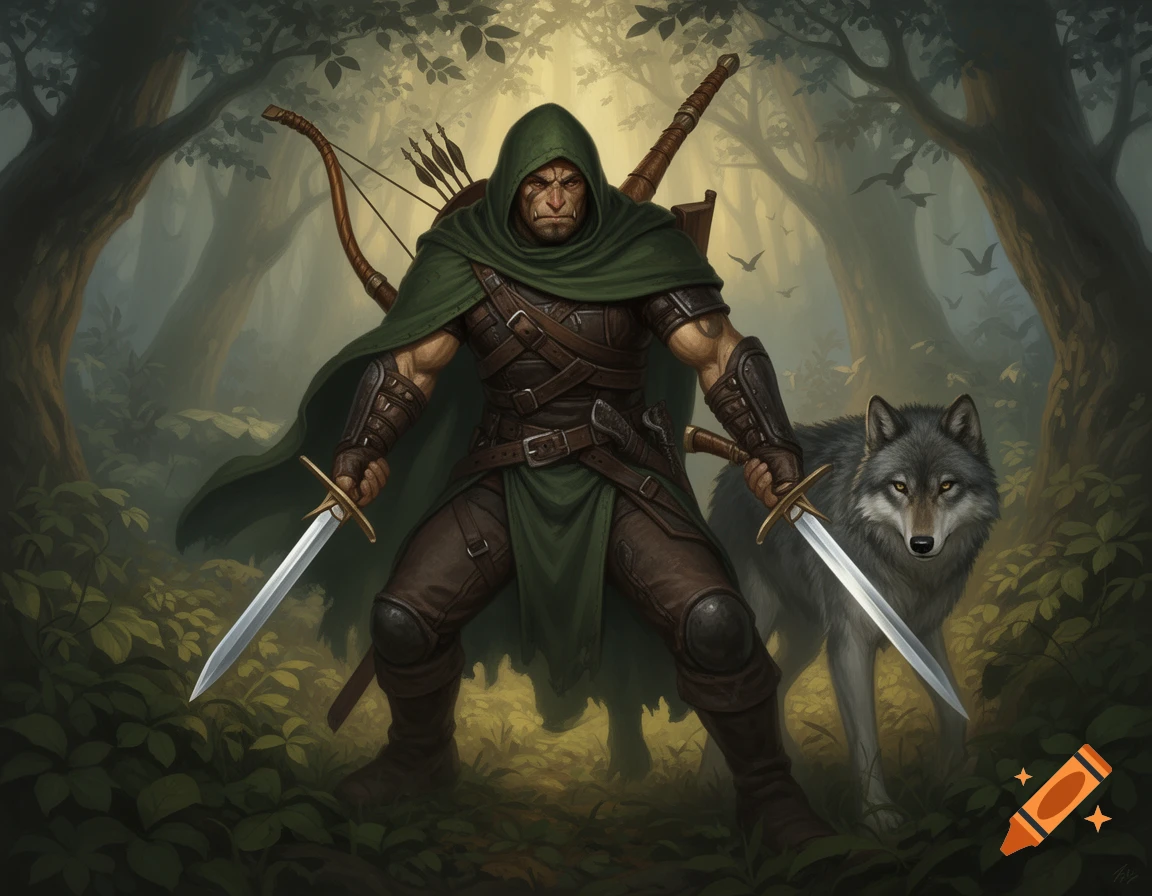 A half-orc ranger in a green hooded cloak and leather armor holds two short swords, standing with a grey wolf in a dark forest digital painting.