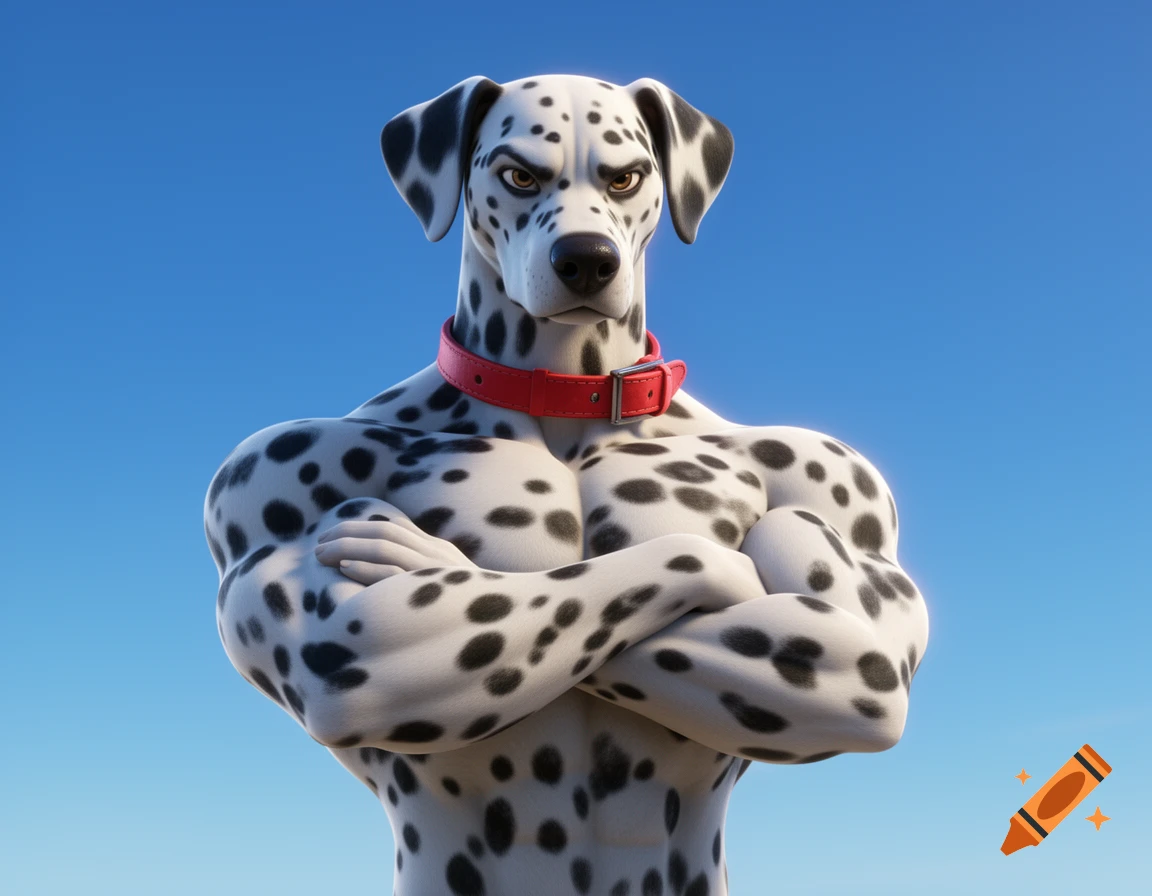 A muscular, 3D animated anthropomorphic dalmatian with a red collar, arms crossed, looking tough against a blue sky background.