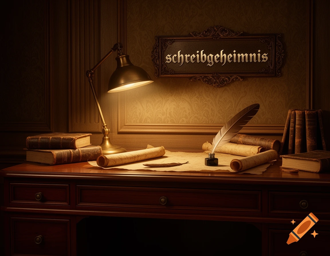A vintage wooden writing desk with a quill, inkwell, paper, old books, a lit brass lamp, and a sign reading 'schreibgeheimnis'.