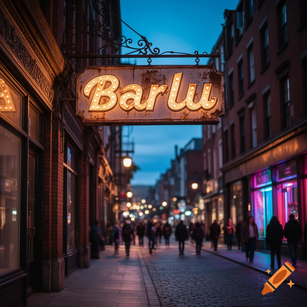 A glowing 'Barlu' sign hangs over a bustling, cobbled city street at dusk, with blurred pedestrians and brick buildings.