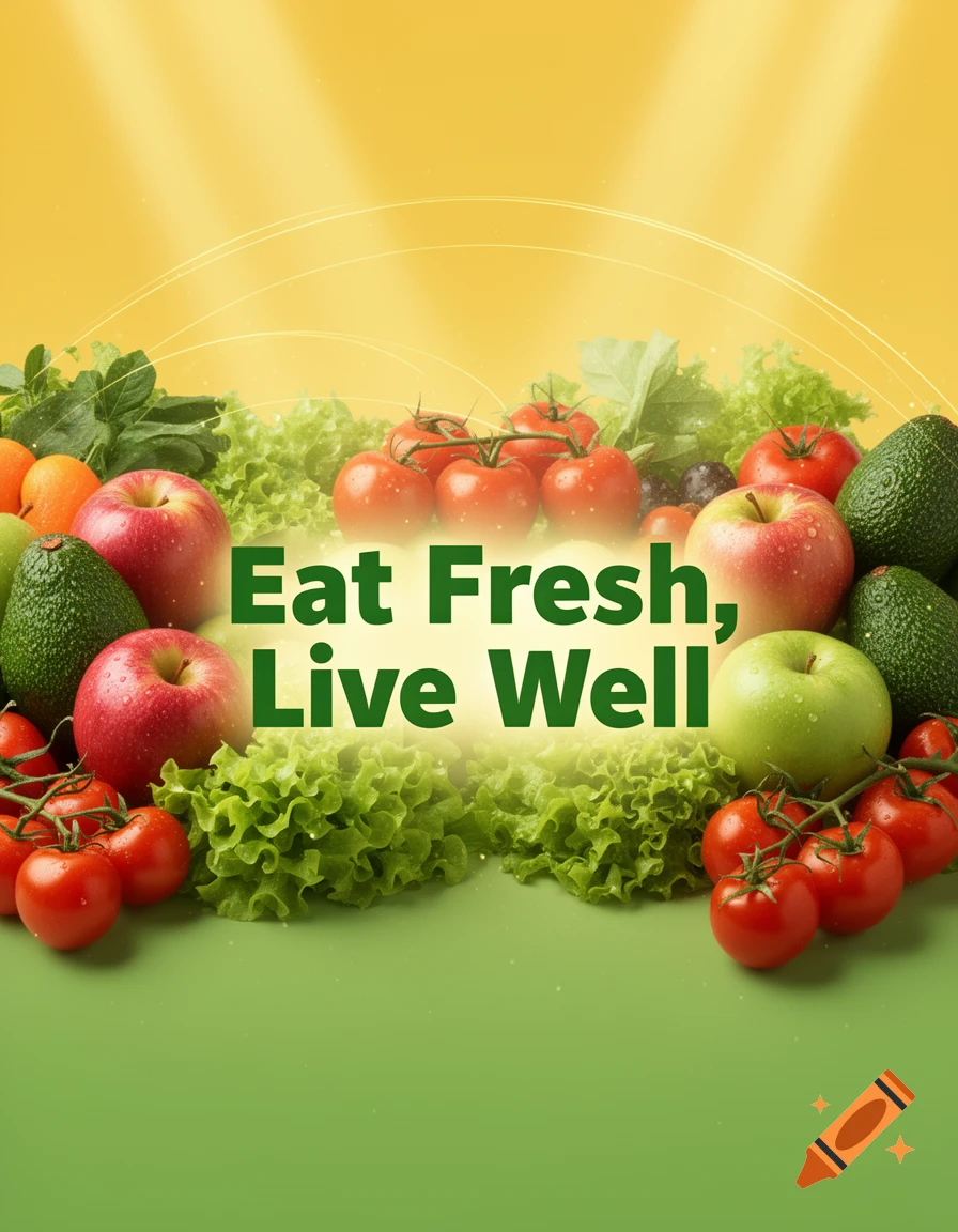 Vibrant poster of fresh fruits and vegetables with text 'Eat Fresh, Live Well' on a green and yellow background.