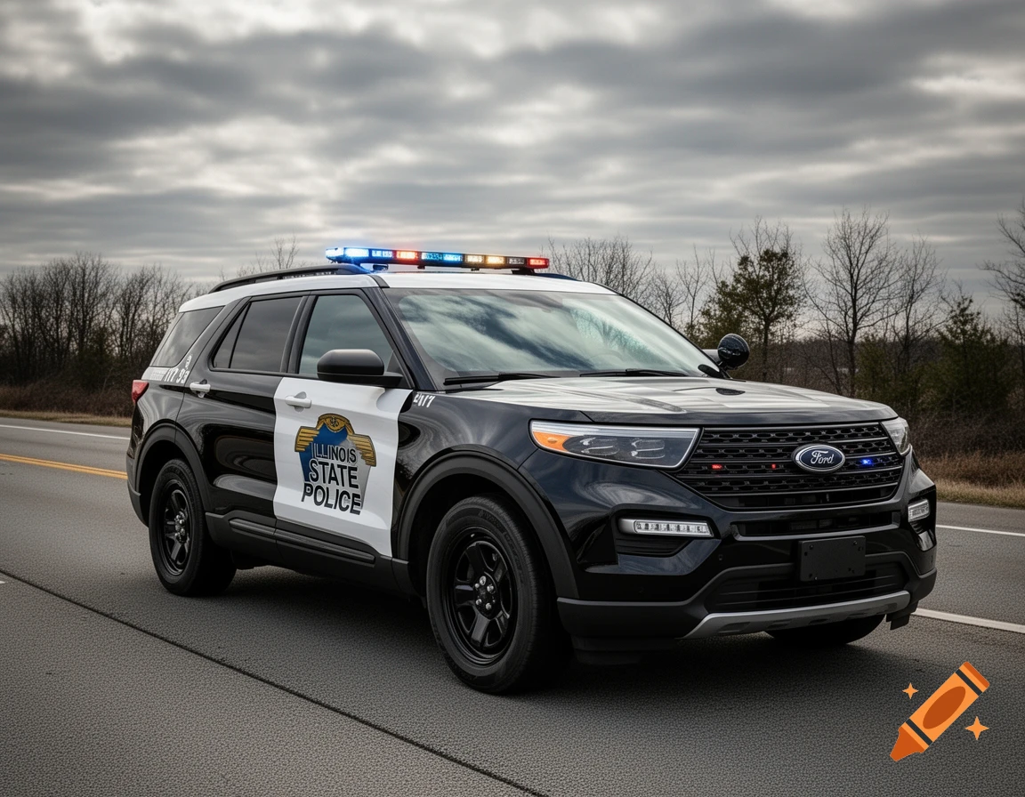 A black and white Illinois State Police Ford Explorer SUV with emergency lights on its roof, parked on a road under a cloudy sky.