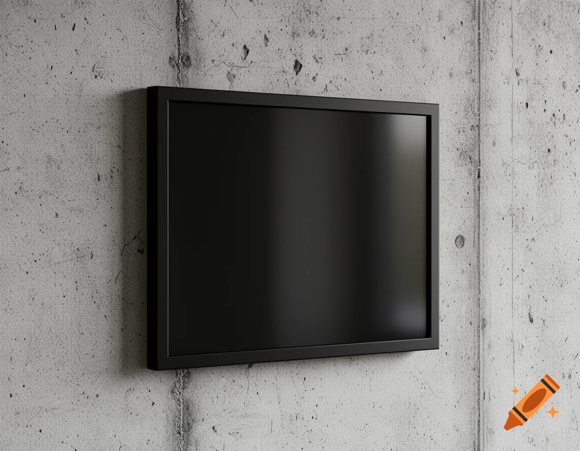 A black rectangular picture frame hangs on a grey concrete wall, shot in a photorealistic style.