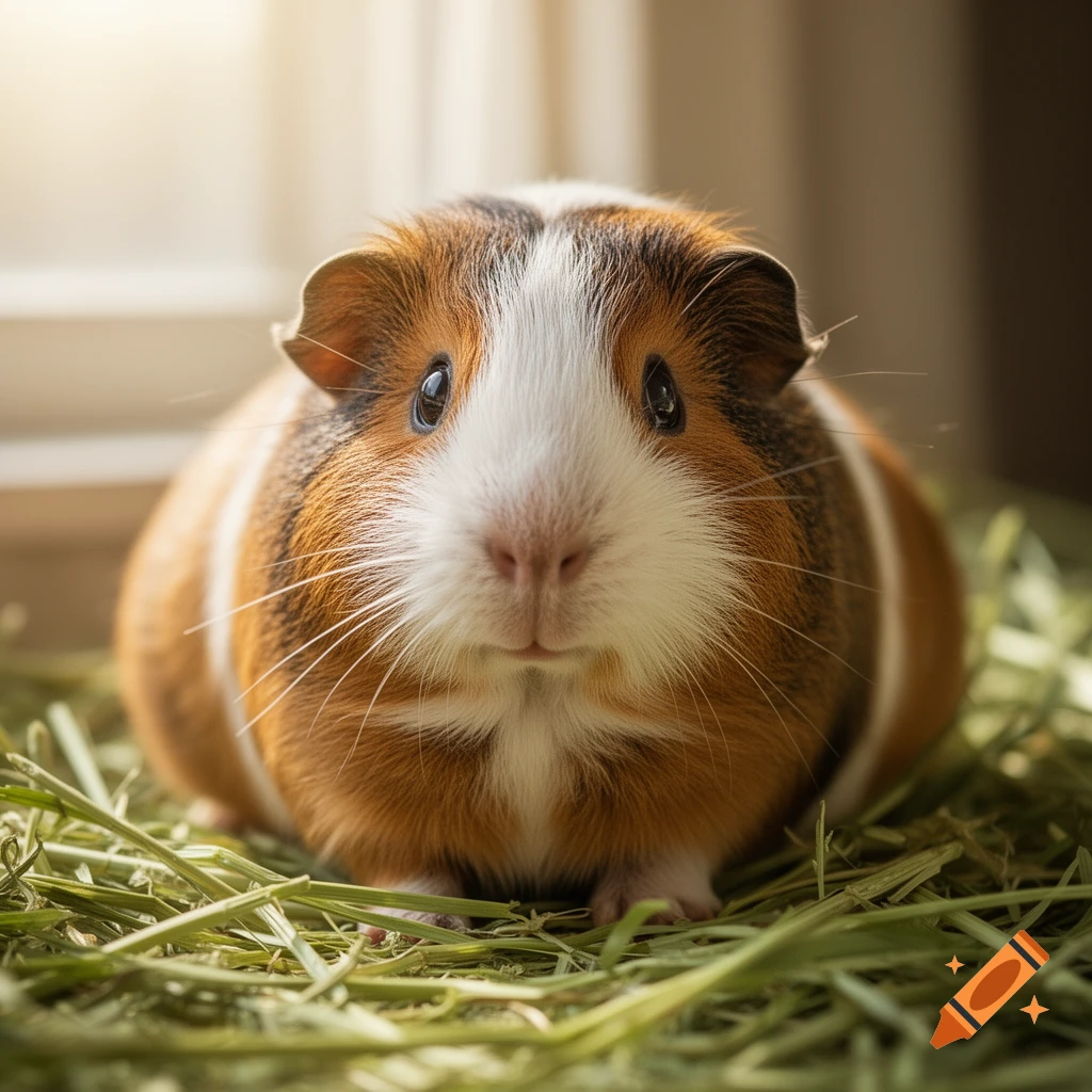 Close-up, photorealistic shot of a brown, white, and orange guinea pig with wide eyes sitting in green hay.