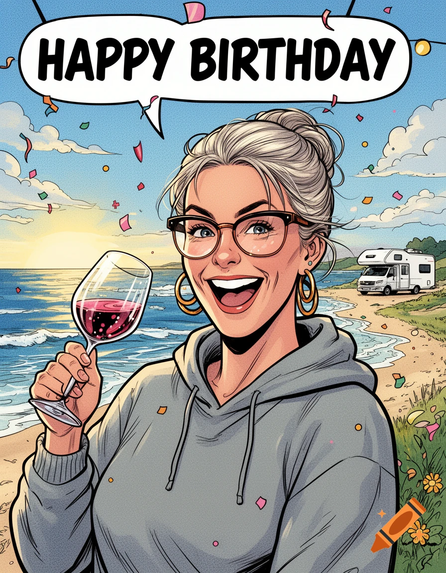 Comic-book style illustration of a woman in glasses and a hoodie, holding a glass of wine on a beach with a camper van, celebrating Happy Birthday.