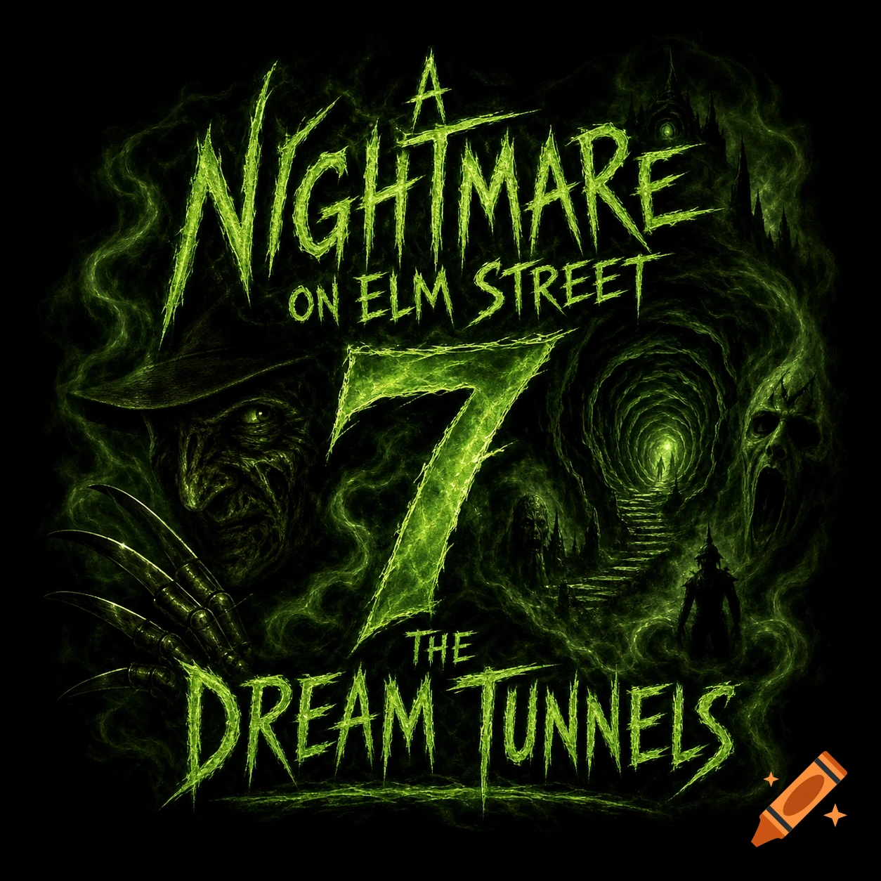 A dark green horror logo for 'A Nightmare on Elm Street 7: The Dream Tunnels' featuring Freddy Krueger, a tunnel, and a screaming skull.