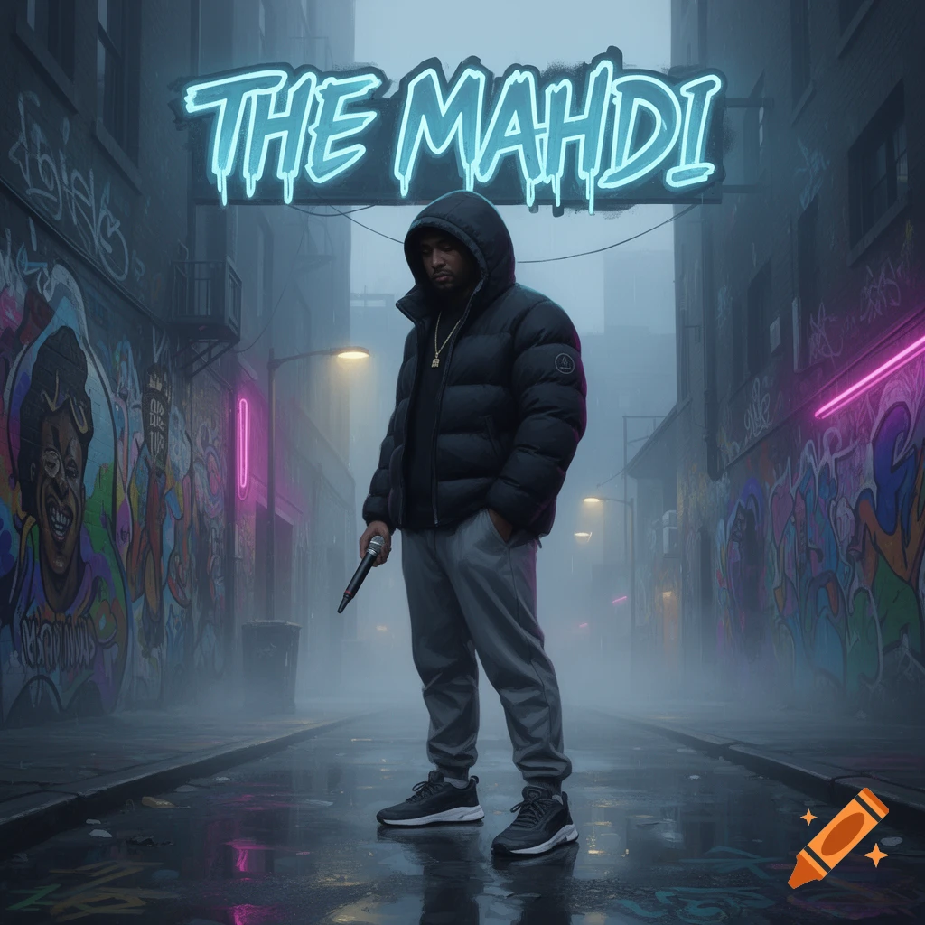 A man in a black puffer jacket and hoodie stands in a foggy, graffiti-covered alley, holding a microphone under a neon sign reading 'THE MAHDI'.