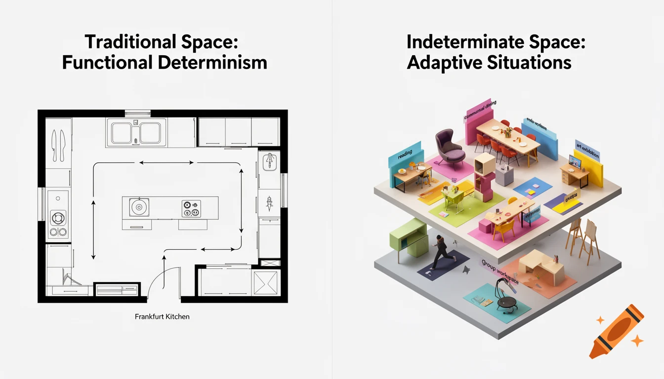 An infographic diptych comparing Traditional Space: Functional Determinism (a Frankfurt Kitchen floor plan) with Indeterminate Space: Adaptive Situations (a multi-layered platform with modular activity zones).
