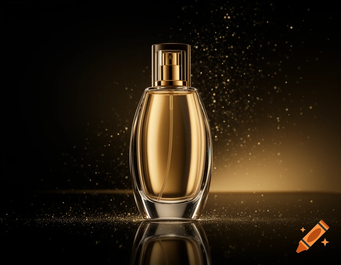 An elegant, gold-colored perfume bottle on a reflective surface, surrounded by sparkling gold particles against a dark, dramatic background, in a photorealistic style.