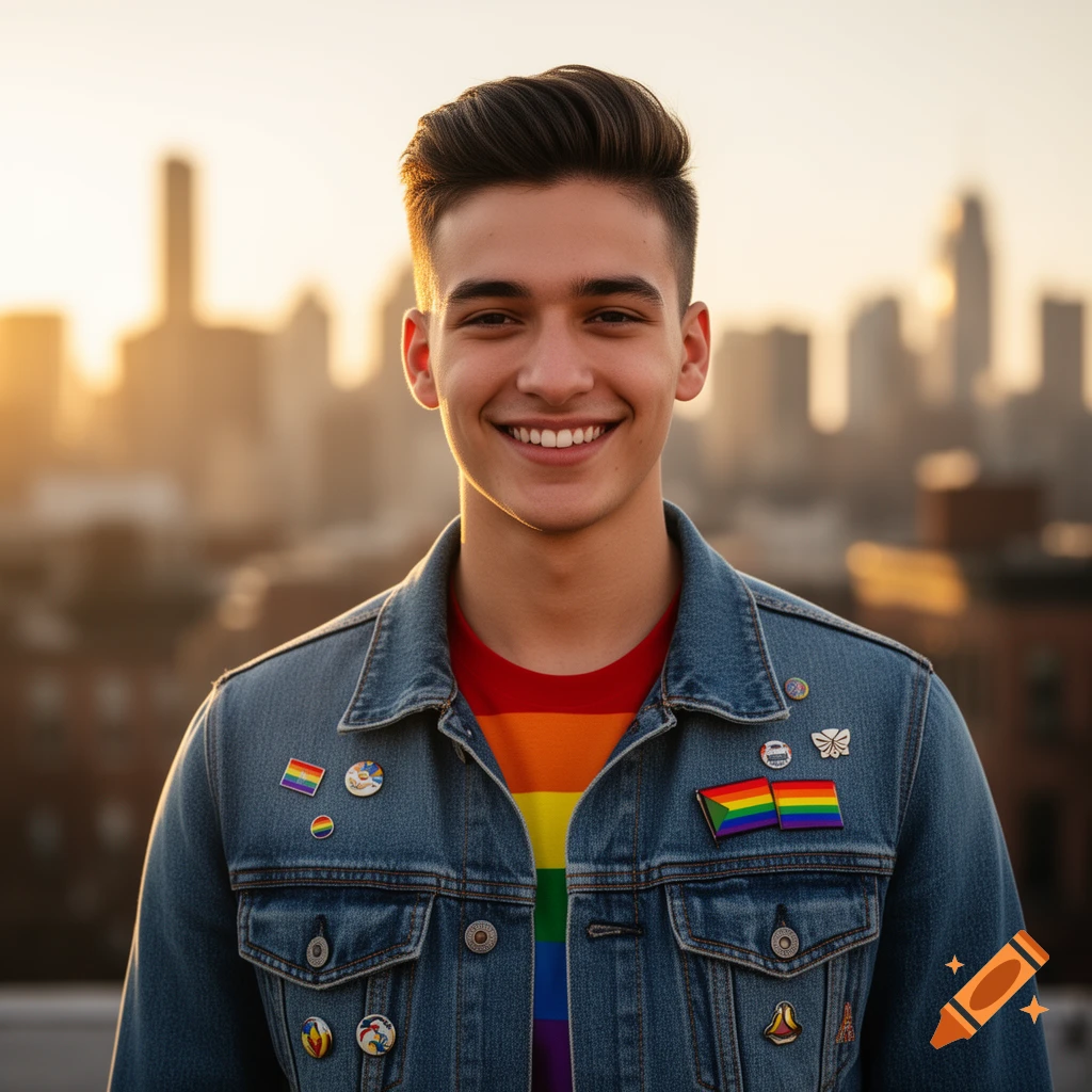 A smiling young man in a denim jacket and rainbow shirt, with pride pins, on a city rooftop at sunset.