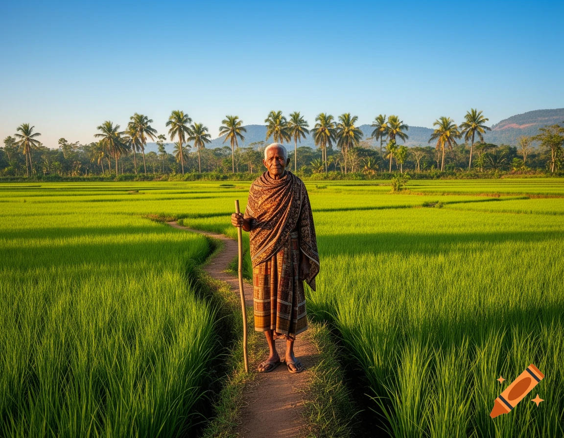 Elderly person in traditional attire stands on a path in a vibrant green rice field with palm trees under a clear blue sky.