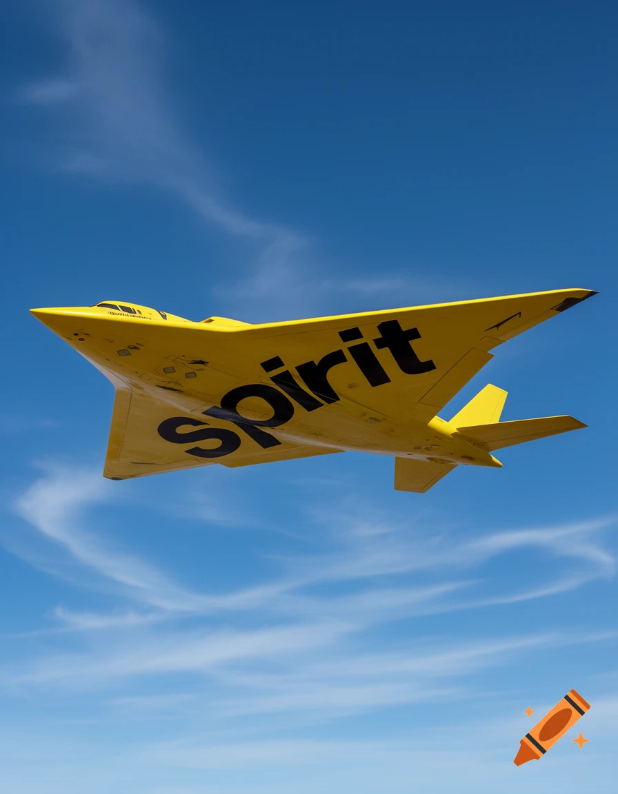 A yellow stealth-bomber-shaped plane with 'Spirit' branding flies against a clear blue sky with wispy clouds.