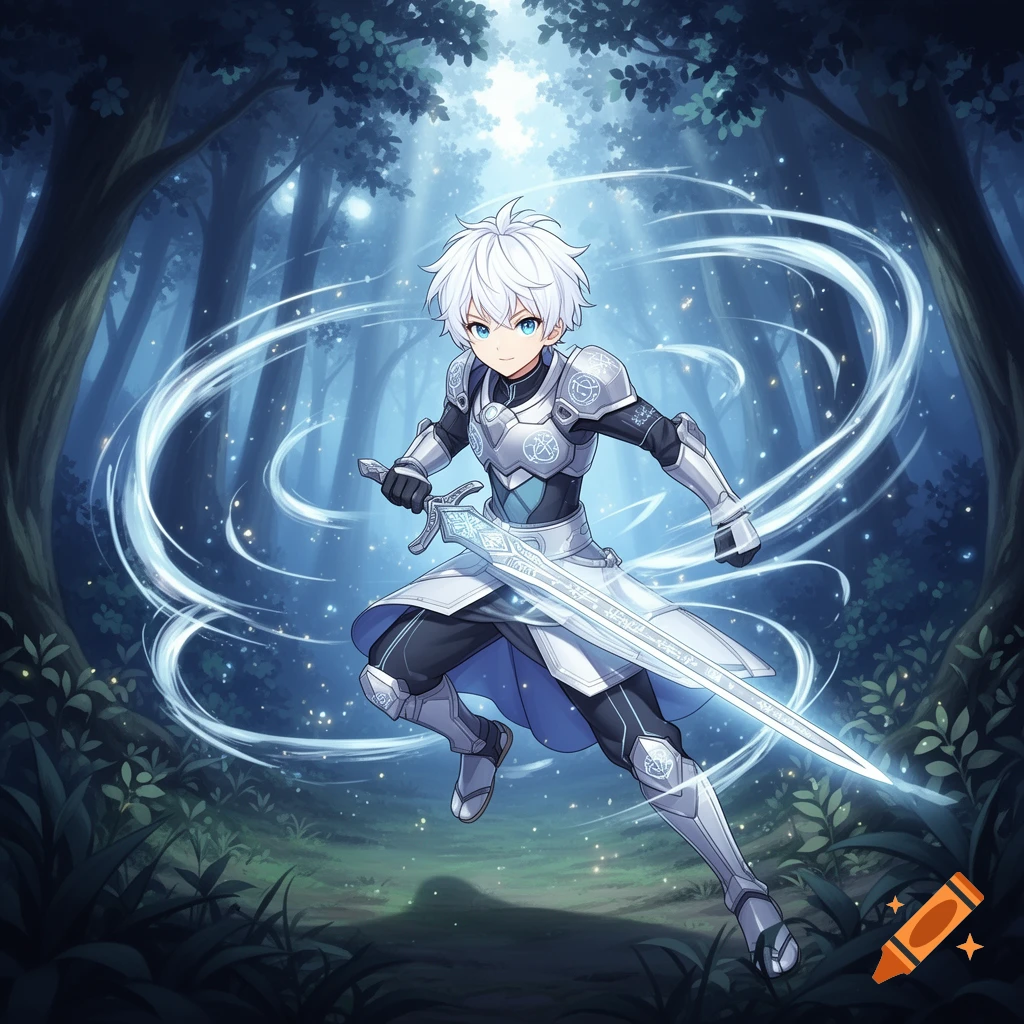 An anime boy warrior in silver armor holds a glowing sword in an enchanted blue forest with swirling magical light.