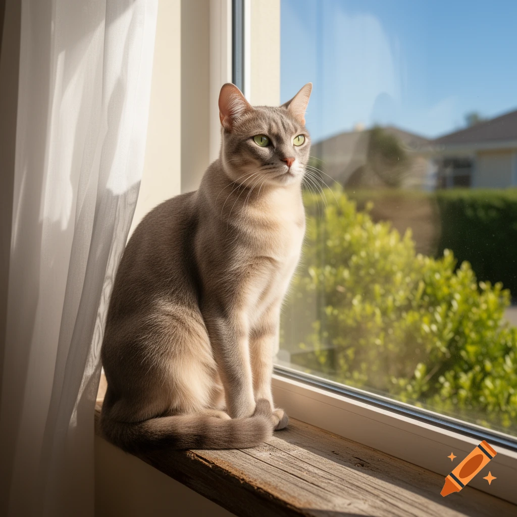 A grey cat with green eyes sits on a wooden windowsill, looking out at a sunny outdoor scene with green bushes and houses.