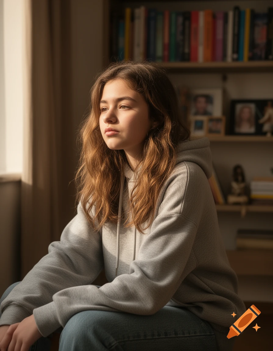 A pensive teenage girl with long brown hair looks out a sunlit window. She wears a gray hoodie and blue jeans, with a bookshelf in the blurred background.
