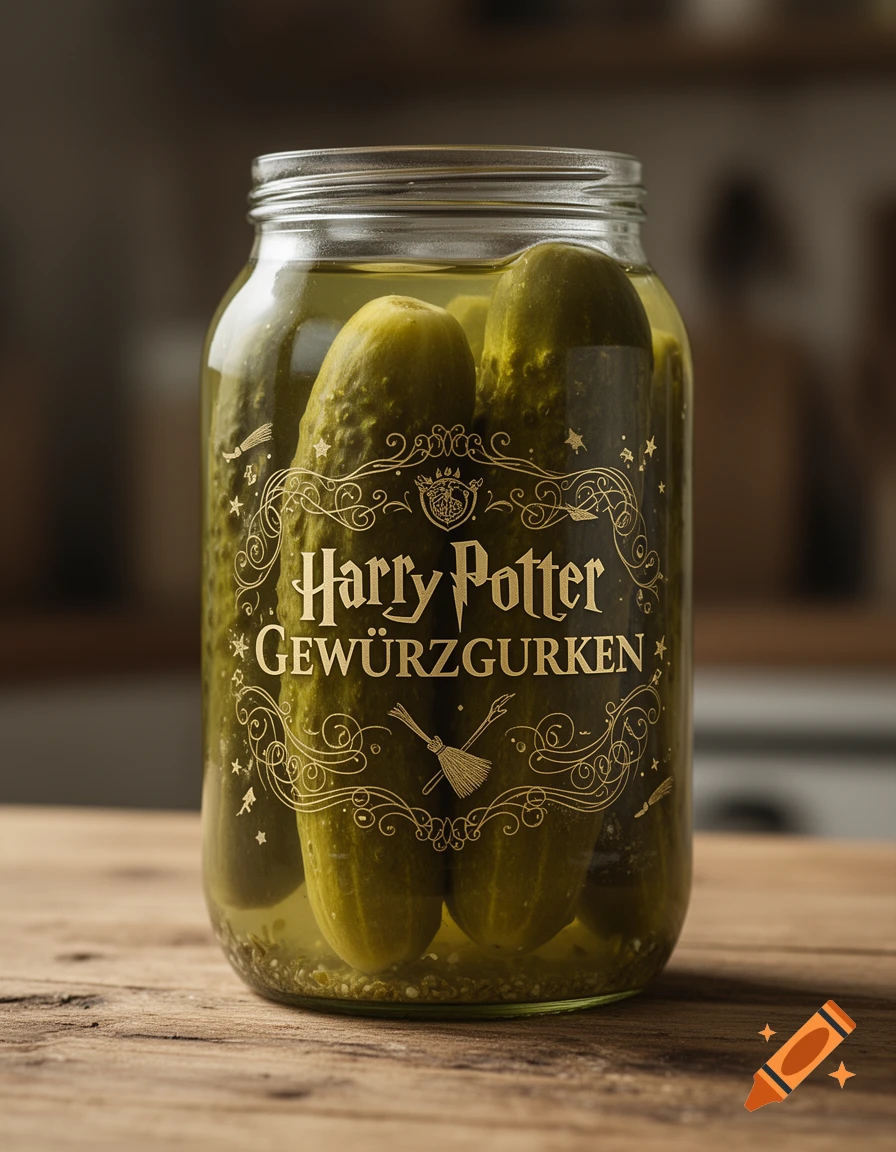 Photorealistic image of a glass jar filled with pickles, featuring a gold label that reads 'Harry Potter Gewürzgurken' on a wooden table.