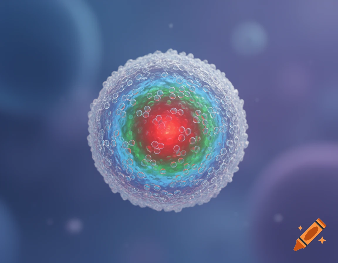 A detailed 3D rendering of a spherical cell or particle with a textured outer layer, featuring concentric internal layers of blue, green, and a glowing red core, against a blurred blue background.