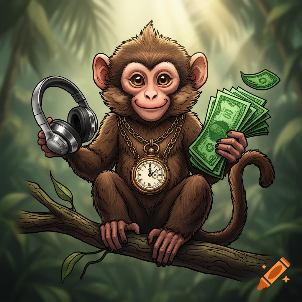 A cartoon monkey on a branch holds silver headphones, wears a gold chain with a pocket watch, and clutches a stack of green money.