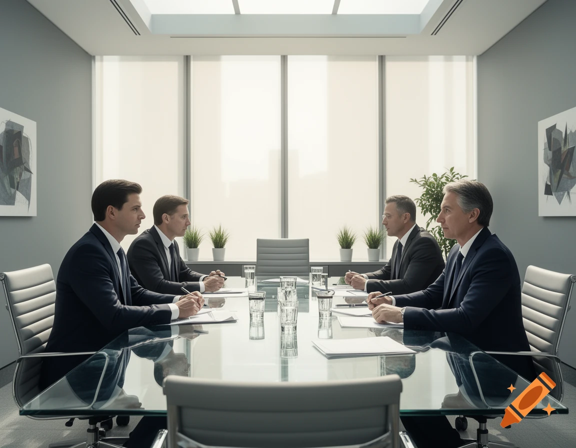 Four men in suits sit around a glass conference table in a modern meeting room, looking across at each other.