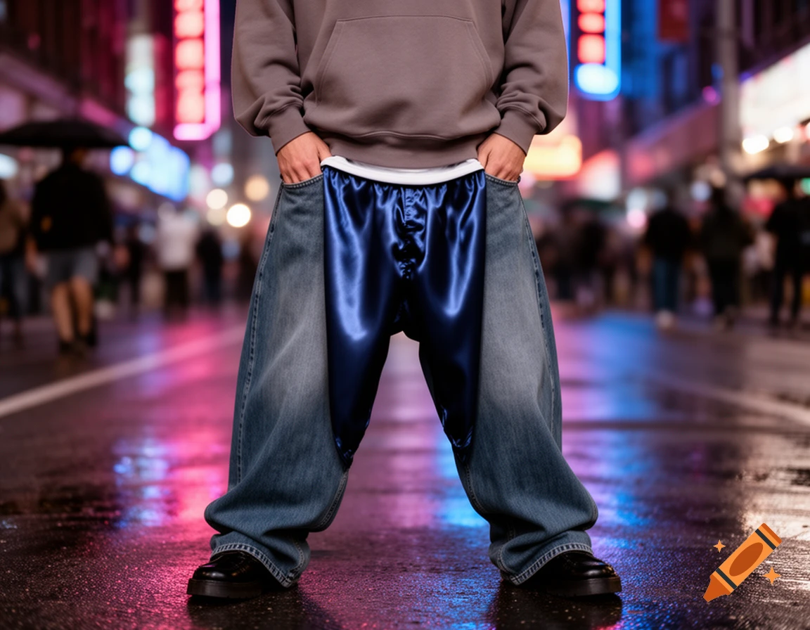A person in baggy jeans and shiny blue satin boxer shorts stands on a wet city street with neon reflections at night.