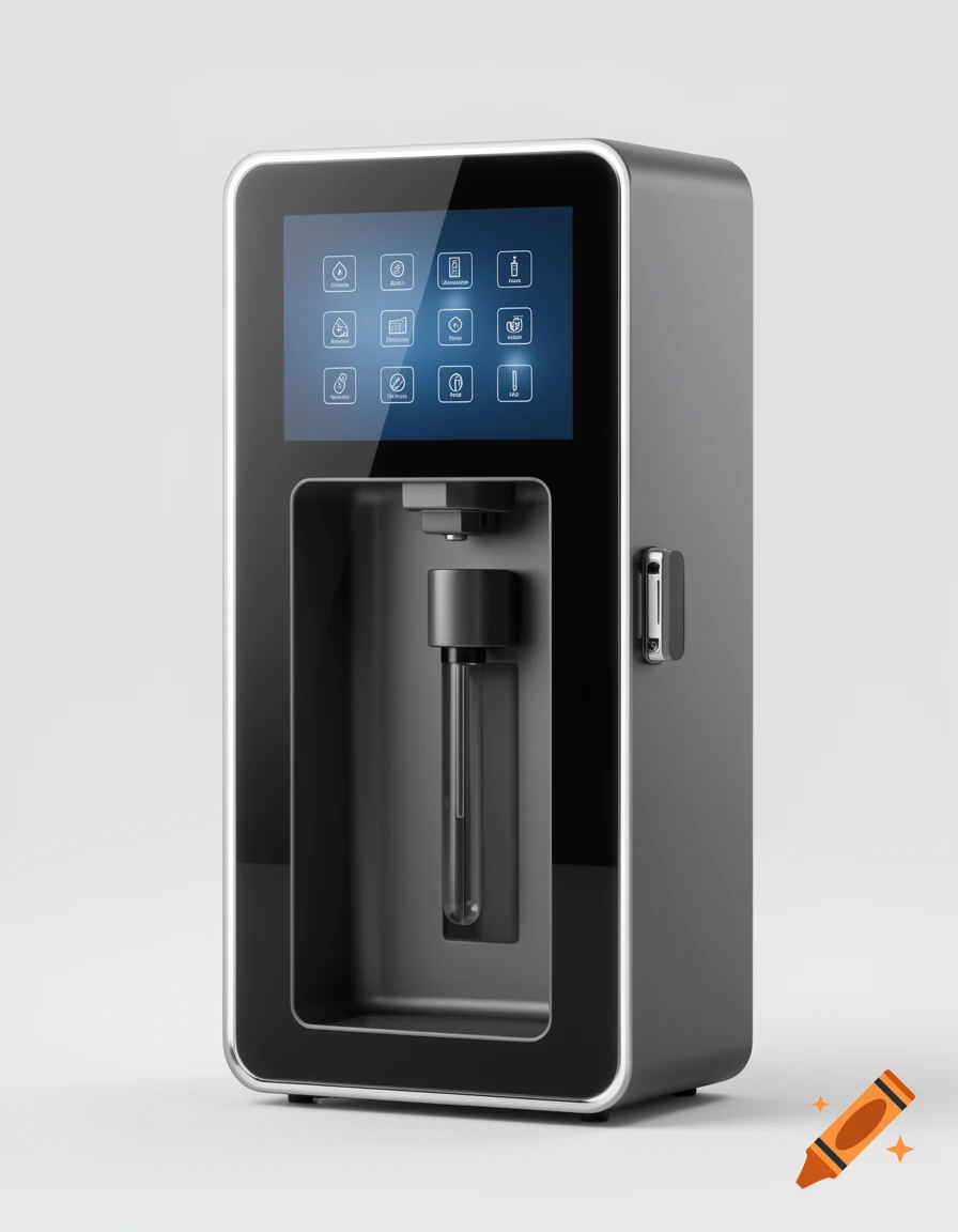 A sleek, dark gray water quality instrument with a blue touchscreen display showing icons and a clear sample tube in a recessed chamber.