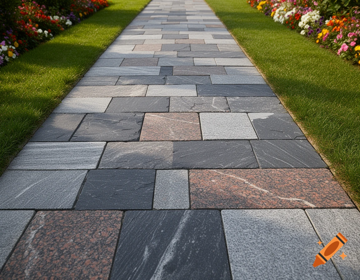 A close-up, low-angle view of a multi-colored stone paved pathway bordered by green grass and colorful flowers.