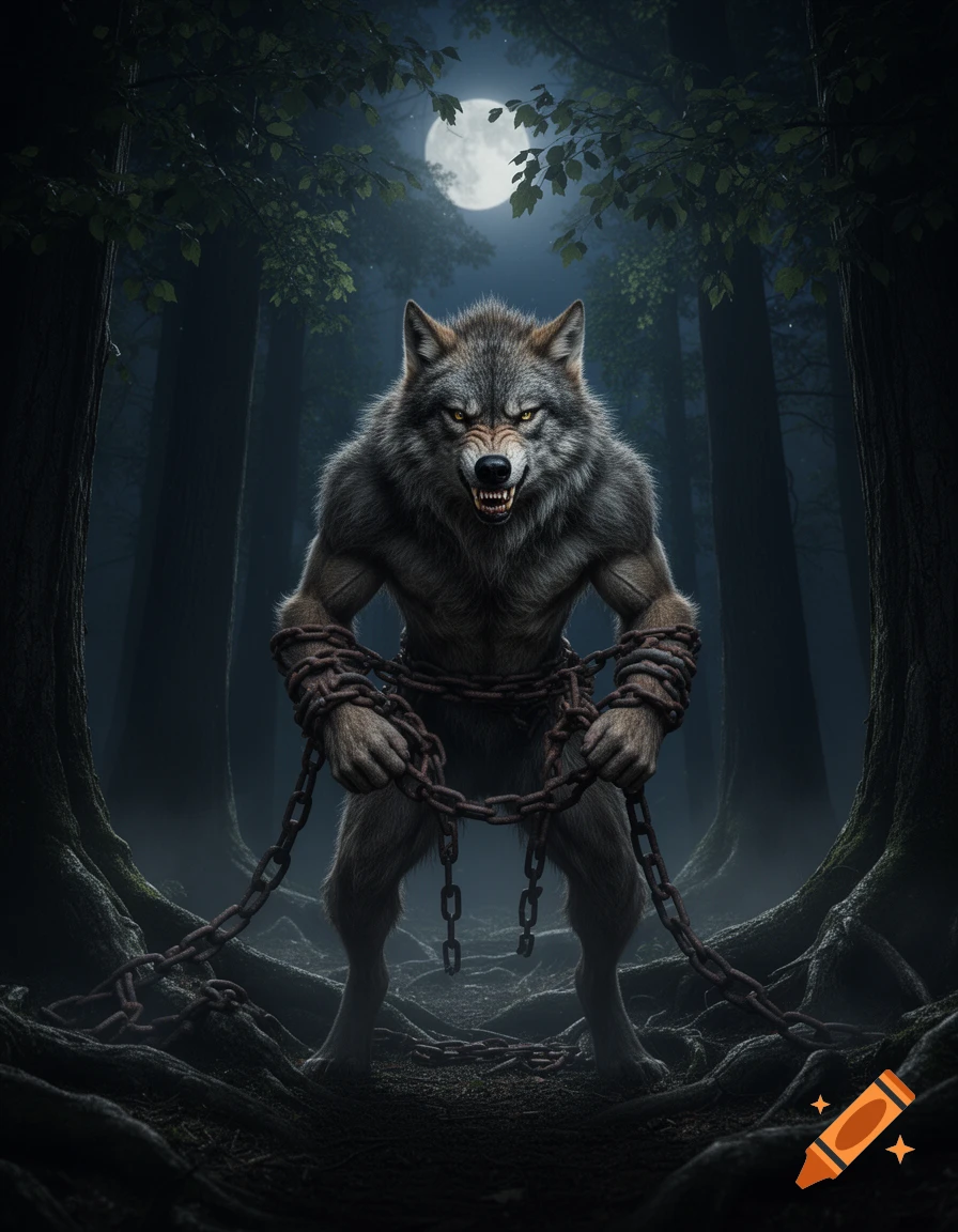 A snarling werewolf with glowing eyes is bound by rusty chains in a dark, moonlit forest, its muscular body tense.