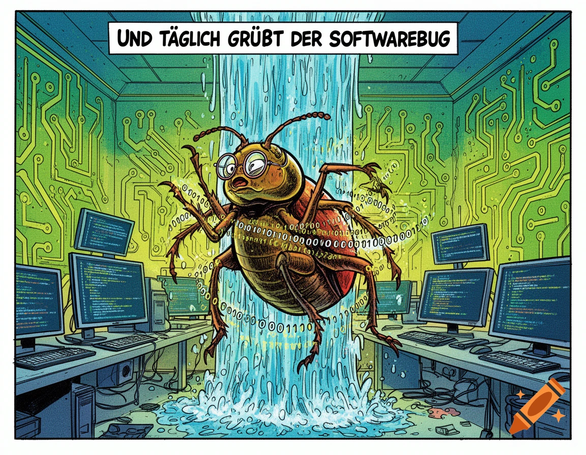 Comic of a giant, bespectacled software bug emerging from binary code in a server room, with text 'UND TÄGLICH GRÜBT DER SOFTWAREBUG'.