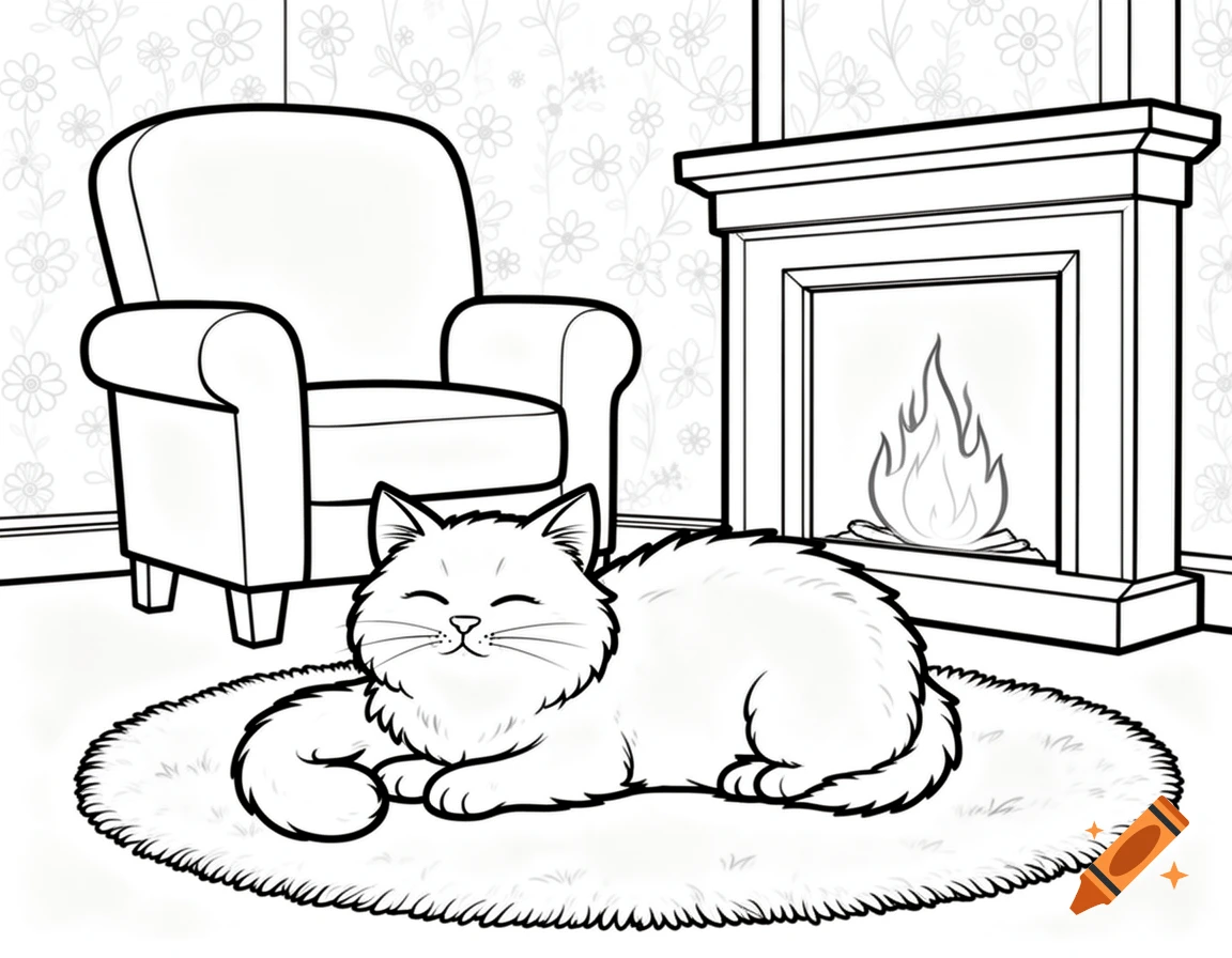 Black and white line art of a fluffy cat on a rug in front of a fireplace, with an armchair and floral wallpaper, coloring book style.