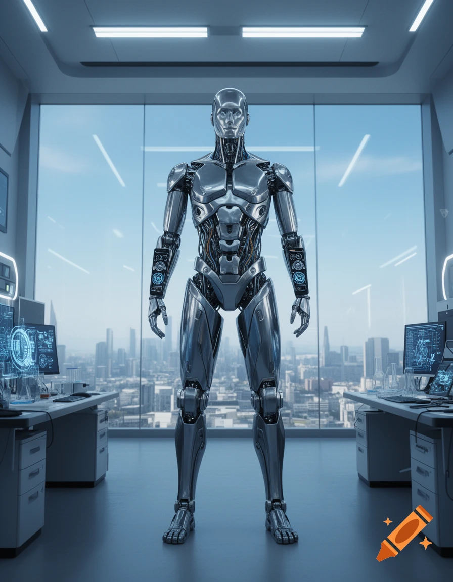 A photorealistic chrome robot stands in a futuristic laboratory with city views, screens displaying technical data.