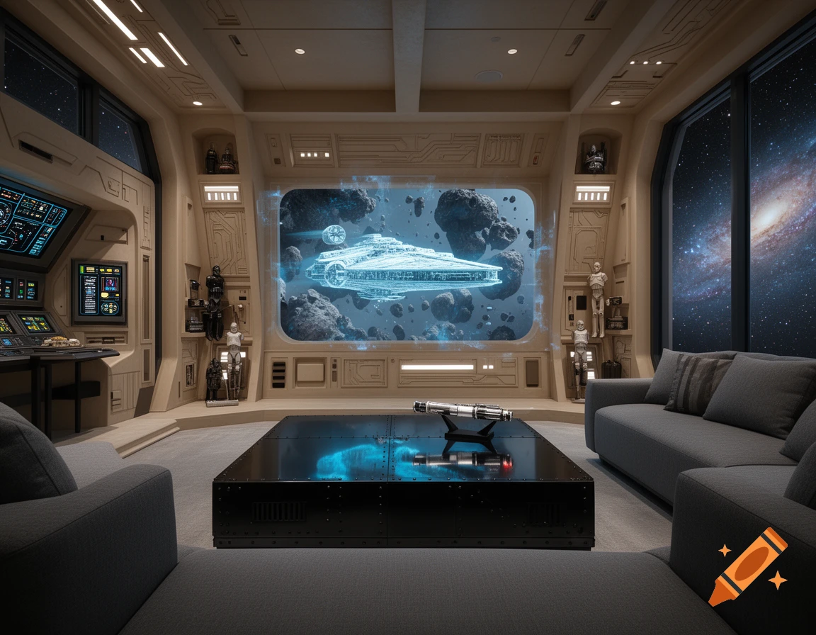 A luxurious Star Wars-themed room with a galaxy view, displaying a holographic spaceship and asteroids above a reflective table.