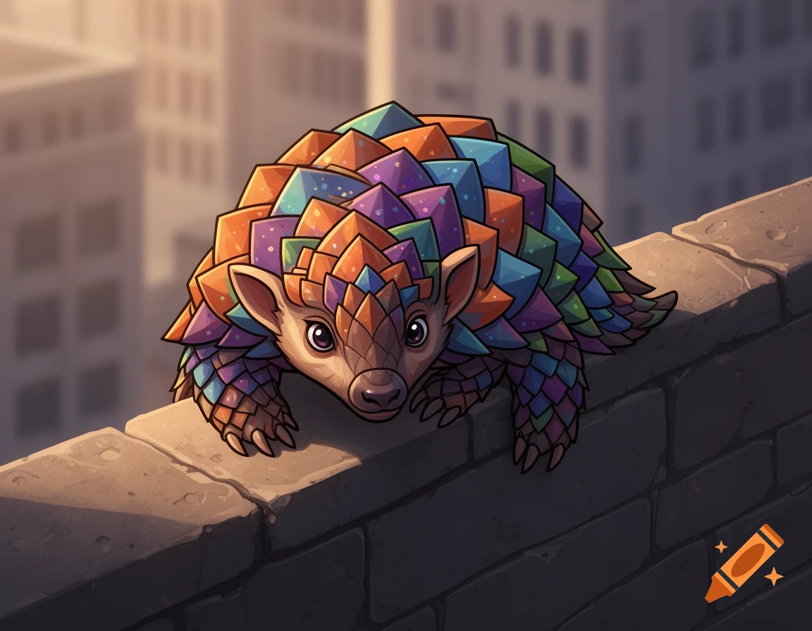A colorful geometric pangolin illustration peeking over a stone wall with blurred city buildings.
