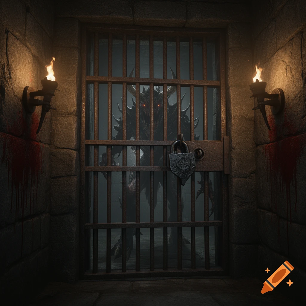A monstrous creature with glowing red eyes is caged behind locked iron bars in a dark dungeon with torches and bloody stone walls.