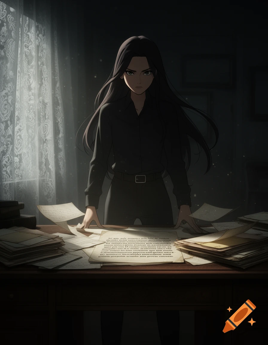 Animated movie style image of a serious young woman with long dark hair, in dark clothes, standing behind a desk with legible papers in a dimly lit room.