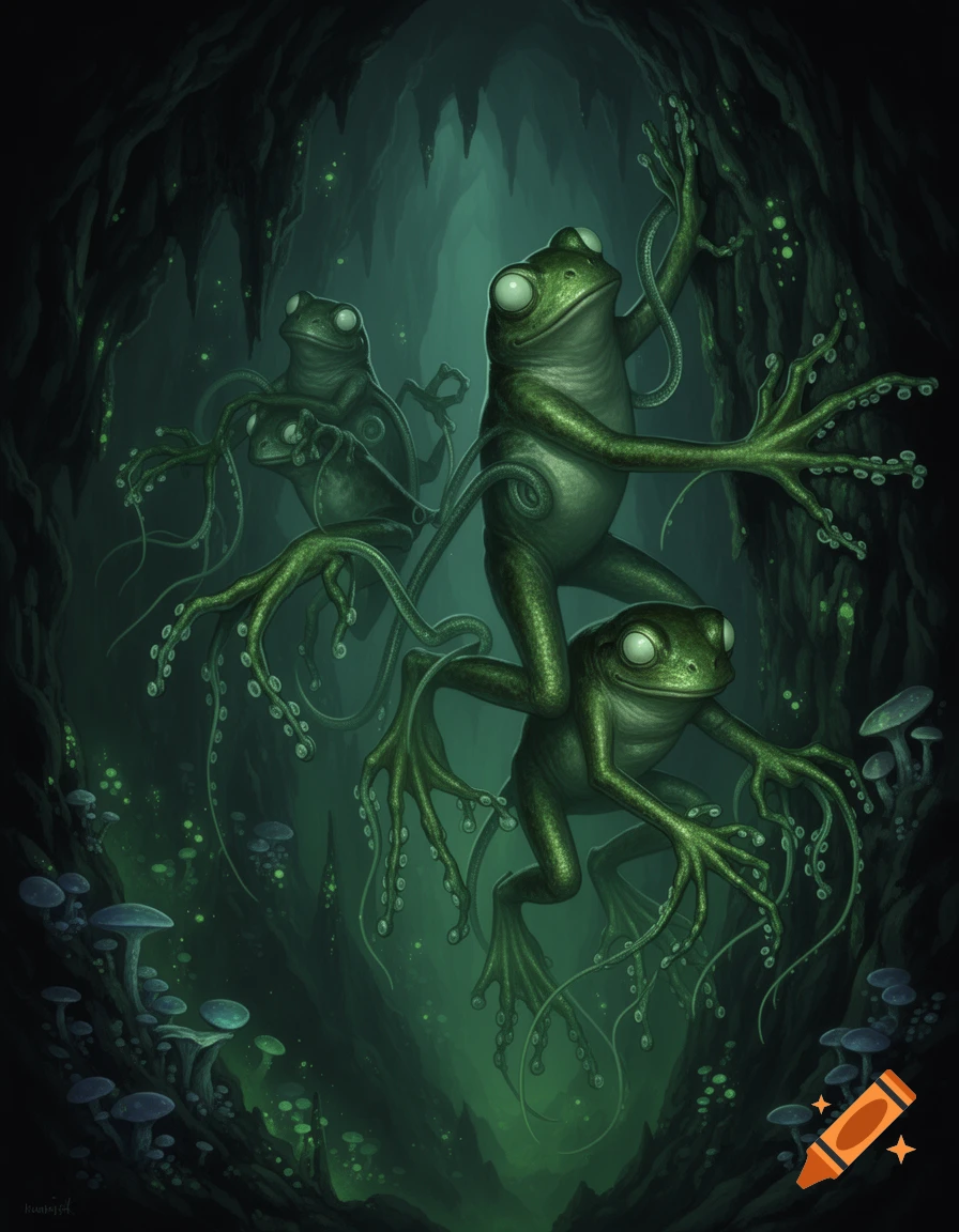 Dark fantasy illustration of several green frog-like creatures with tentacle limbs and glowing eyes in a bioluminescent cave with mushrooms.