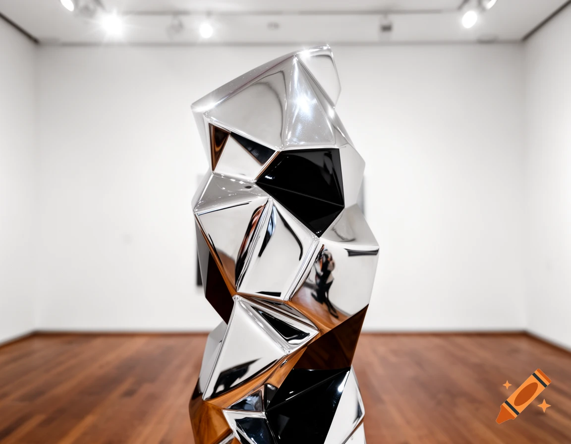 A shiny, silver, geometric sculpture stands in a modern art gallery with white walls and wooden floors.