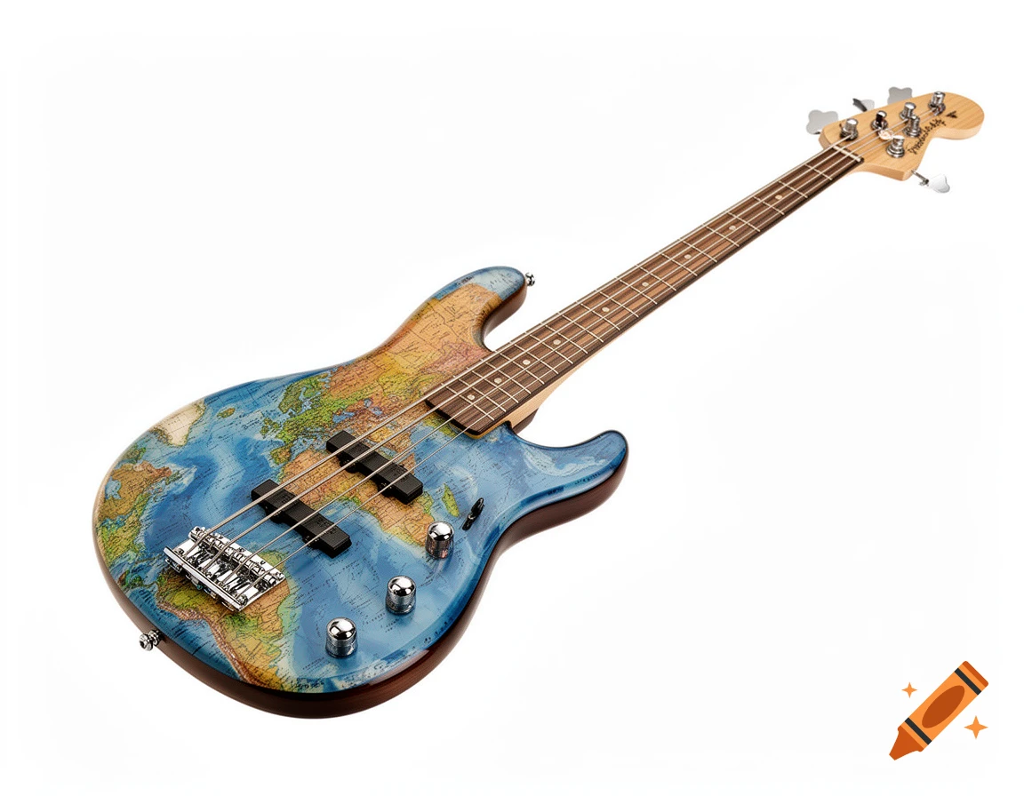 Photorealistic four-string bass guitar with a detailed world map on its body, isolated against a white background.