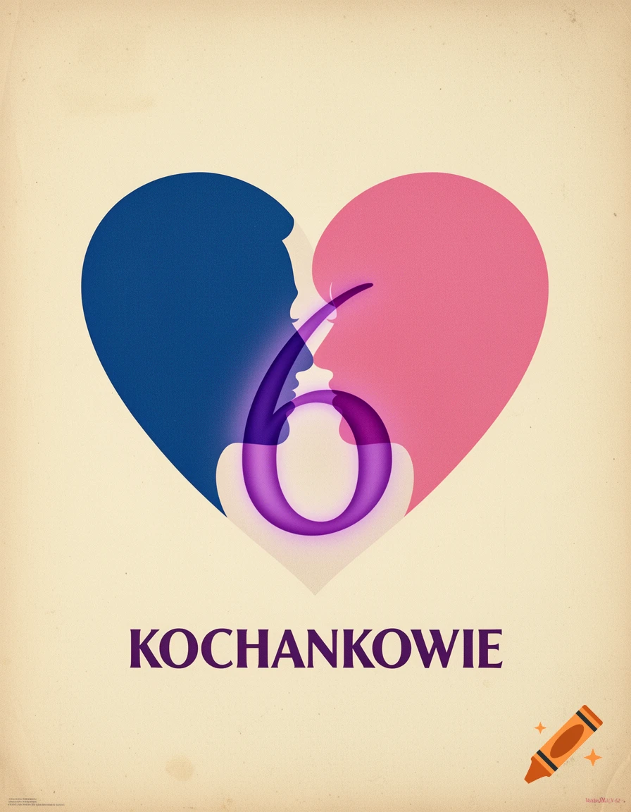 An abstract Polish movie poster depicting a blue man's silhouette kissing a pink woman's silhouette, forming a heart and a purple number '6'. Below, the word 'KOCHANKOWIE'.