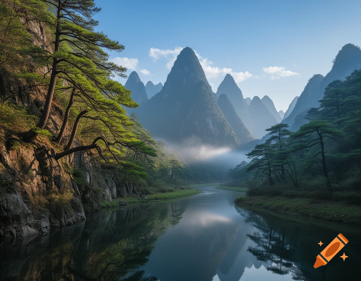 A serene landscape with towering karst mountains reflecting in a winding river, surrounded by pine trees and mist.