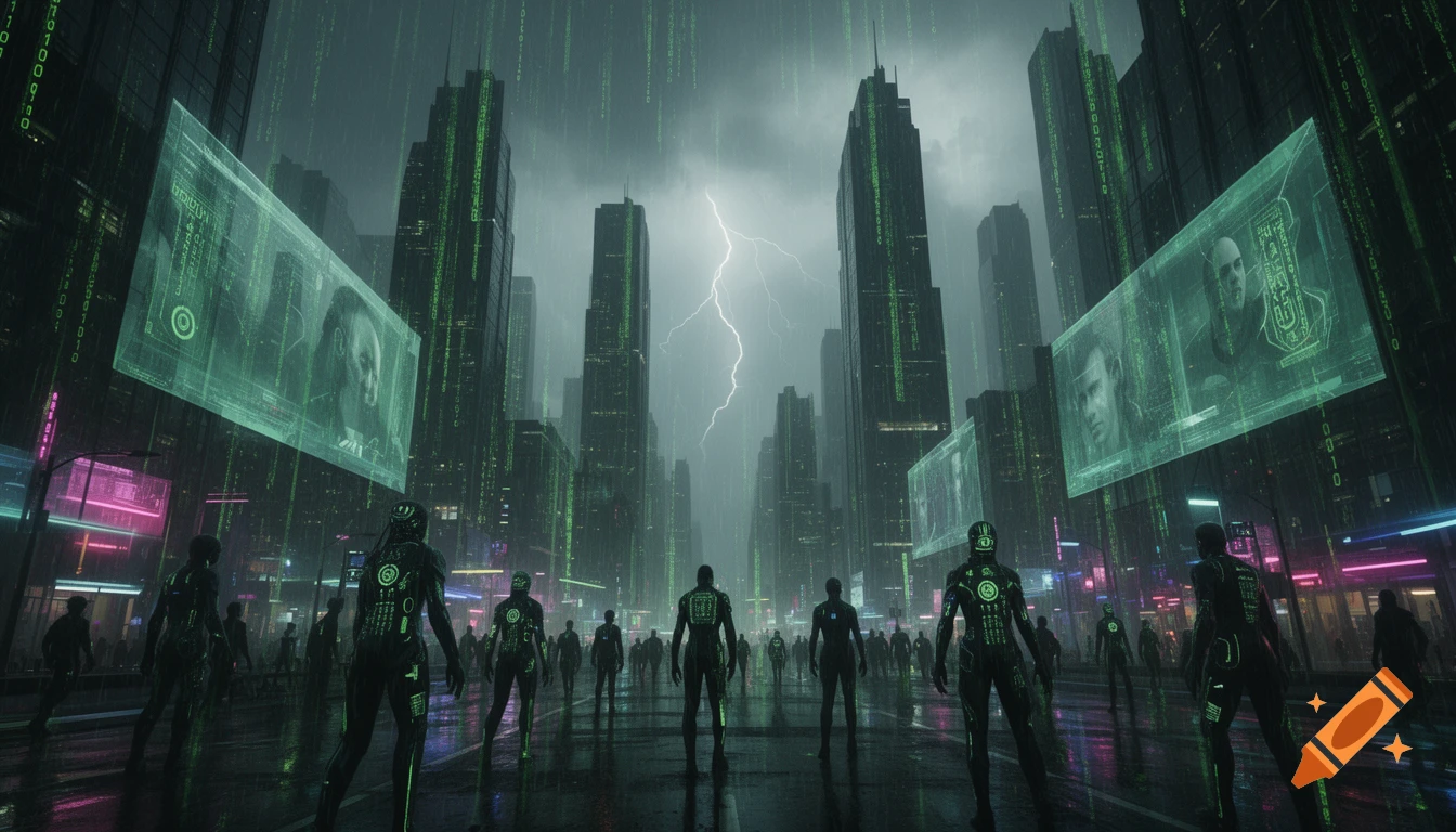 A dark, rainy, futuristic city street with tall skyscrapers, digital green code raining down, and lightning striking. Figures in dark, high-tech suits walk on the wet street, illuminated by neon signs and holographic billboards featuring faces.