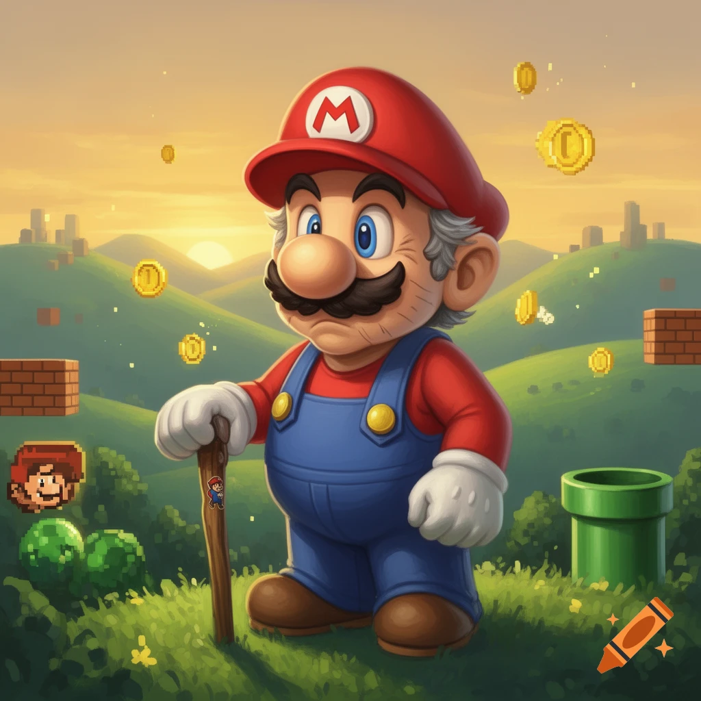 An old, grey-haired Super Mario with a mustache and red cap, holding a walking stick, stands in a vibrant video game landscape with pixelated hills, blocks, and floating coins.