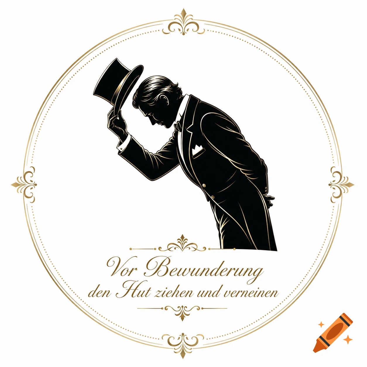 A black silhouette illustration of a man in a tuxedo tipping his top hat, within an ornate gold frame, with German text below.