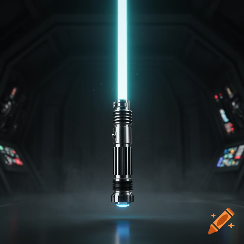 A glowing blue lightsaber stands upright in a dark, futuristic metallic corridor with control panels in the background.