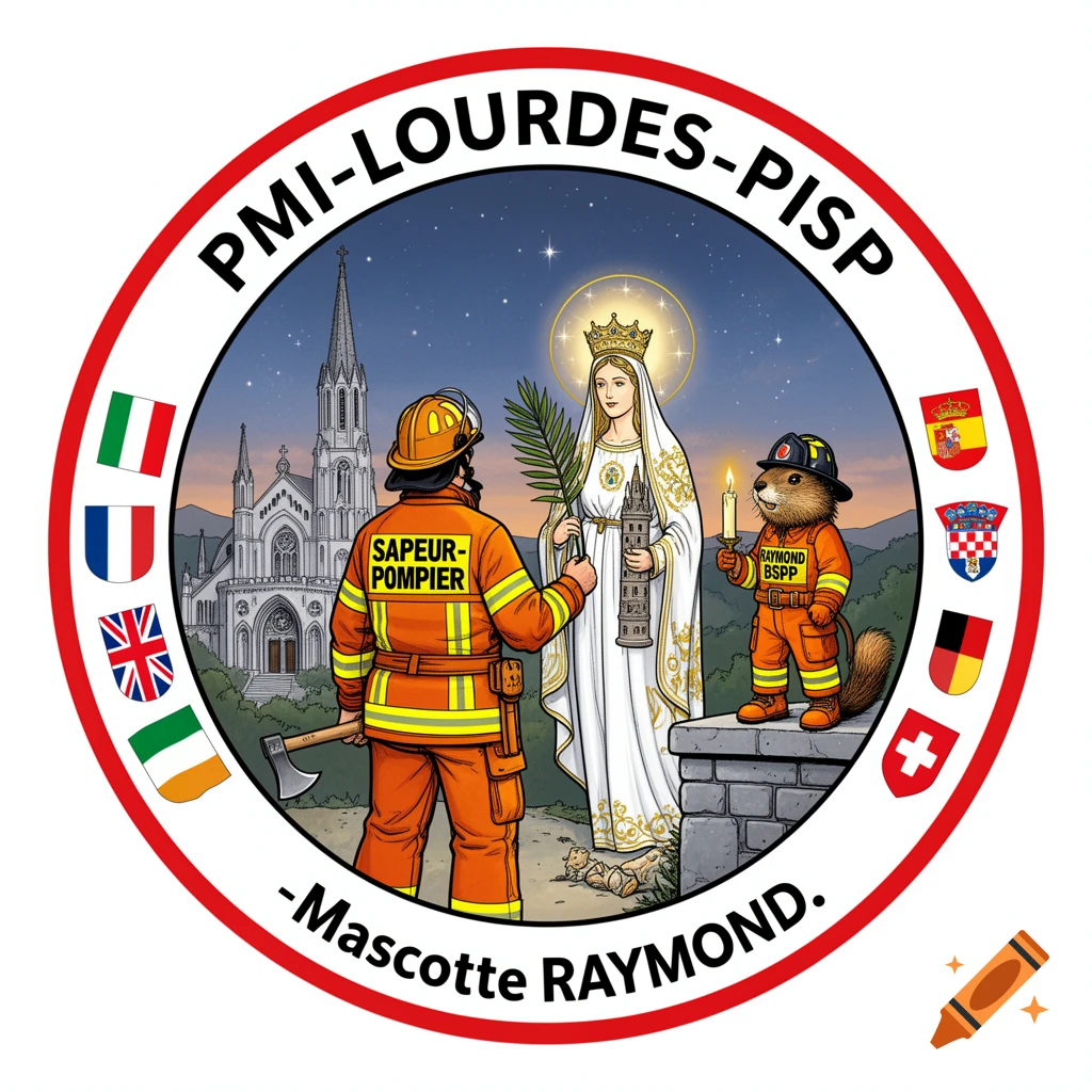 Cartoon emblem with a firefighter, a religious figure, and a marmot mascot in uniform, featuring Lourdes church and various flags.
