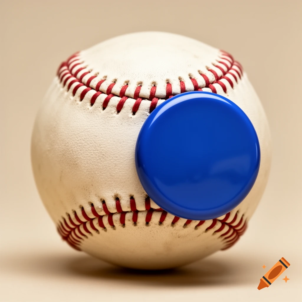 A white baseball with red stitching and a bright blue circular disk attached to its side, on a light background.