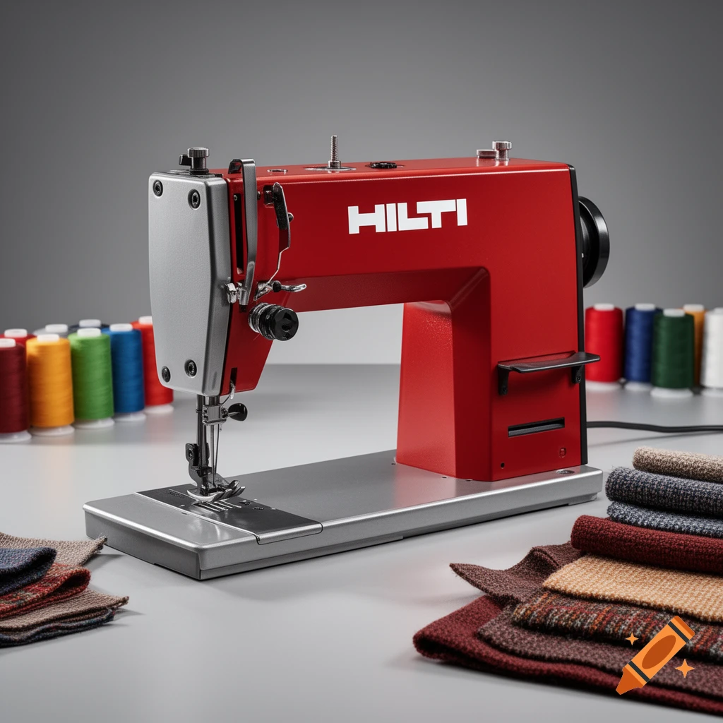 A red and silver sewing machine with "HILTI" logo, surrounded by colorful thread spools and fabric swatches on a grey table.