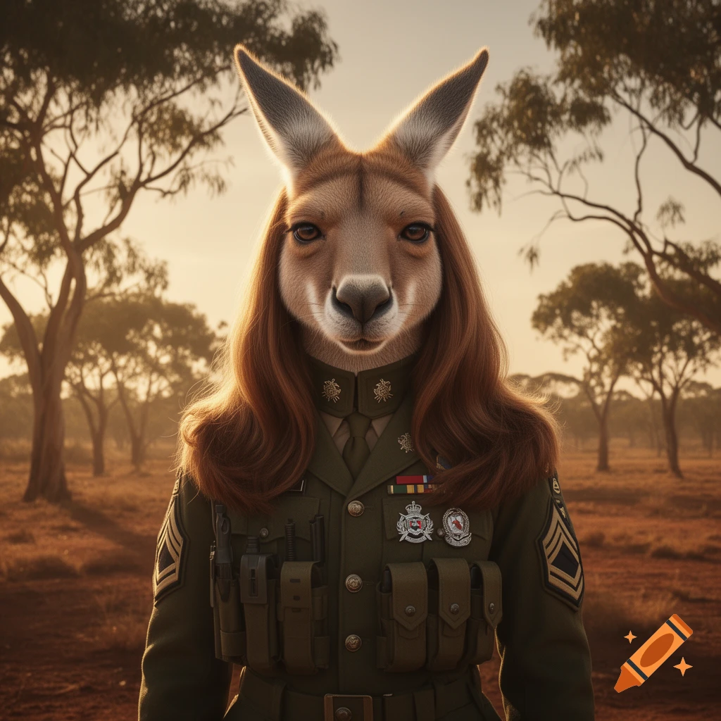 An anthropomorphic kangaroo with long brown hair, human-like eyes, wearing a detailed military uniform in a dry, sparse Australian landscape.