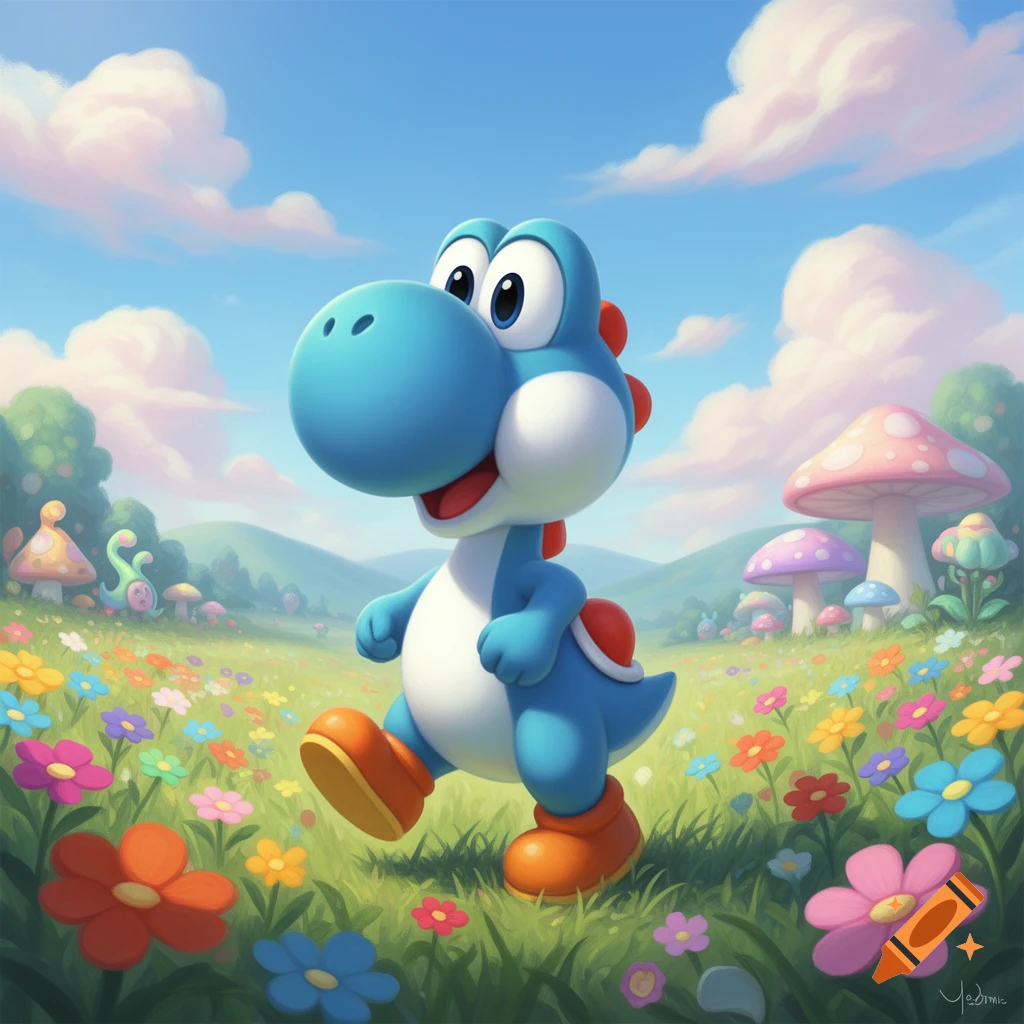 A bright blue Yoshi walks through a vibrant field of colorful flowers with cartoon mushrooms and hills in the background, under a blue sky.