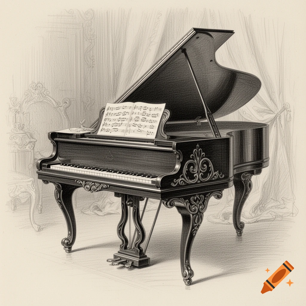 A detailed pencil sketch of an ornate 1800s grand piano with sheet music on its stand, in a classical room.