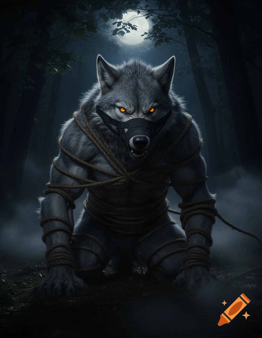 A photorealistic werewolf, with glowing orange eyes, kneels tied with ropes and wearing a muzzle in a dark, misty forest under a full moon.
